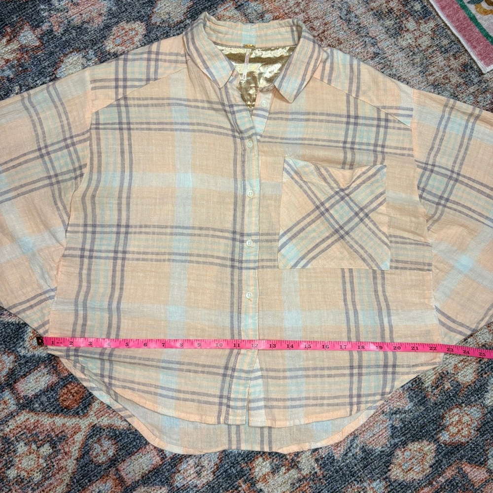 Free People Cutie Cropped Plaid Shirt Oversized Dolman Sleeve Top Size Medium - Picture 15 of 16